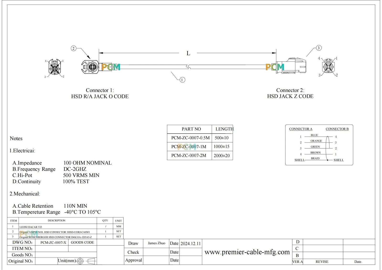 ZCL016-007-X HSD4PIN 05M 1M 2M Model 1200